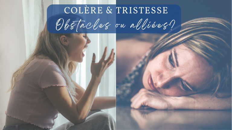 Image divisée en deux parties. À gauche, une femme exprime sa colère en criant, son visage tourné vers la lumière d’une fenêtre. À droite, une autre femme est allongée, les yeux fermés, le visage empreint de tristesse, appuyée contre une surface réfléchissante. Ensemble, ces deux visages illustrent les émotions contrastées mais complémentaires de la colère et de la tristesse dans le processus du deuil.