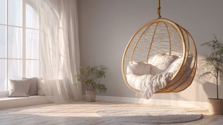 Espace lumineux avec un fauteuil suspendu et des coussins blancs, symbole de douceur et de sérénité intérieure. Image inspirant la paix et l’apaisement du programme en ligne Douceur – Apaisement de Claudine Blier.